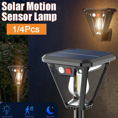 Solcellslampa med Rörelsesensor – 2-i-1 Gräslampa & Vägglykta, Varmvit 3000K, 3 Ljuslägen, 1 eller 4-pack