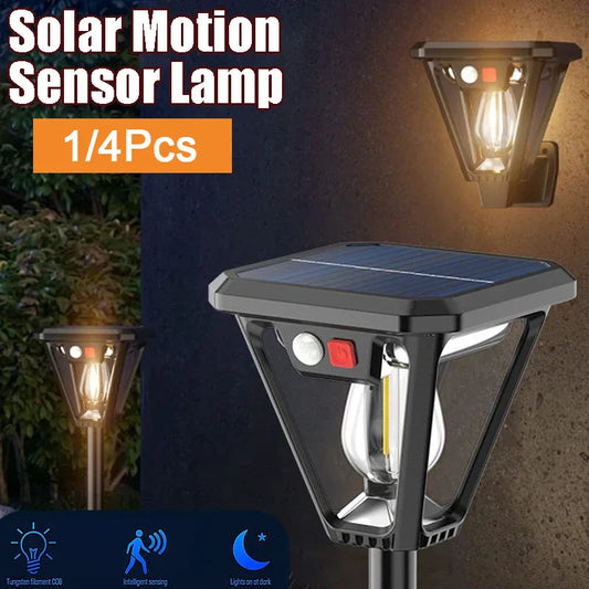 Solcellslampa med Rörelsesensor – 2-i-1 Gräslampa & Vägglykta, Varmvit 3000K, 3 Ljuslägen, 1 eller 4-pack