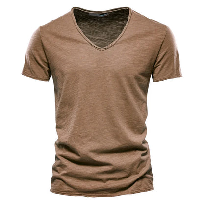 AIOPESON100% Cotton Men T-shirt V-neck Fashion Design Slim Fit Soild T-shirts Male Tops Tees Short Sleeve T Shirt O-neck For Men