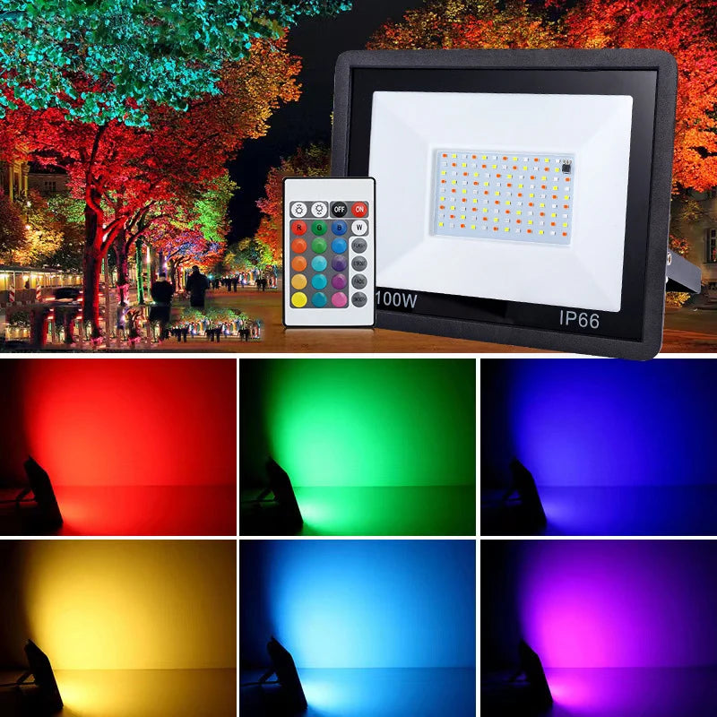 RGB LED Strålkastare 100–200W – IP66, Fjärrkontroll, SMD2835, CE/RoHS, EU-lager (Polen)