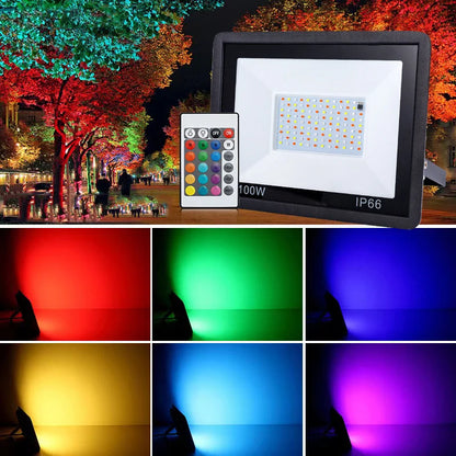 RGB LED Strålkastare 100–200W – IP66, Fjärrkontroll, SMD2835, CE/RoHS, EU-lager (Polen)