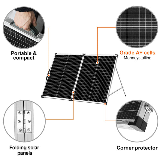 DOKIO Vikbar Solpanel 100W/160W/200W – Monokristallin Portabel Resväska med PWM-regulator, EU-lager