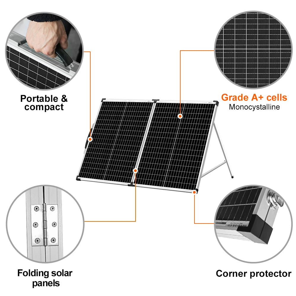 DOKIO Vikbar Solpanel 100W/160W/200W – Monokristallin 18V PWM-regulator Portabel Camping Husbil Båt EU-lager CE