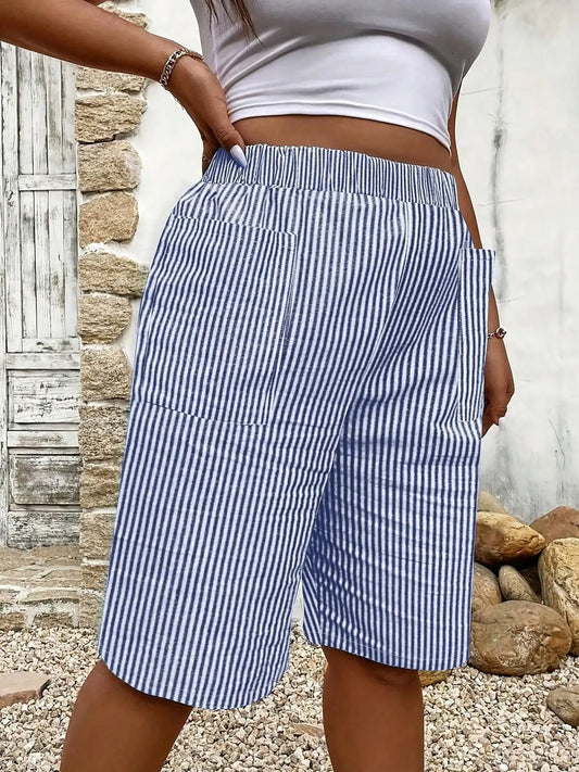 Dam Shorts 2026 – Randig Print Hög Midja Elastisk Midja Fickor Casual S–XXL