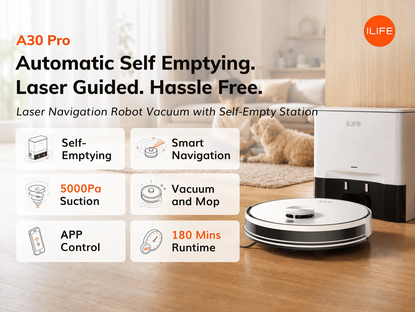 ILIFE A30 Pro Robot Vacuum Cleaner with Automatic Self-Emptying Station, 5000Pa Strong Suction, LDS Navigation, 180min Runtime, 2-in-1 Mop and Sweep, APP Control,  HomeFloor Carpet Clean