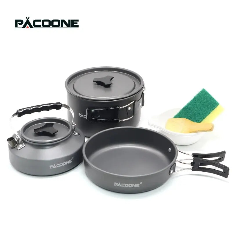 PACOONE Campingkokset – Portabelt Aluminiumset med Kastrull, Vattenkokare & Panna, Hopfällbart