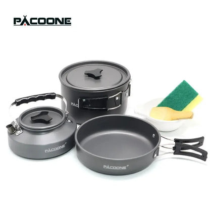 PACOONE Campingkokset – Portabelt Aluminiumset med Kastrull, Vattenkokare & Panna, Hopfällbart