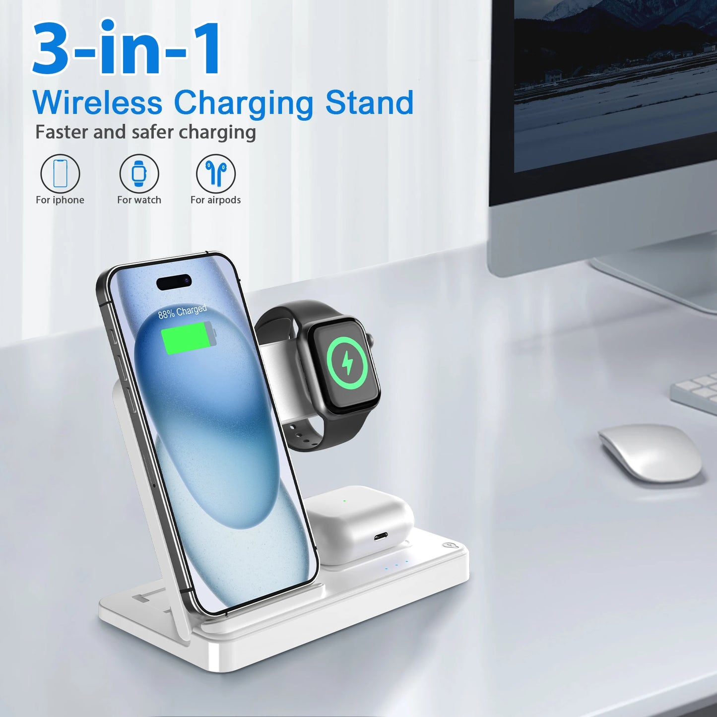 15W Magnetic Wireless Charger Stand Foldable 3 In 1 Fast Charging Sation for iPhone 17- 12 Pro Max Apple Watch 8 7 Airpods Pro