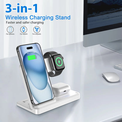 15W Magnetic Wireless Charger Stand Foldable 3 In 1 Fast Charging Sation for iPhone 17- 12 Pro Max Apple Watch 8 7 Airpods Pro