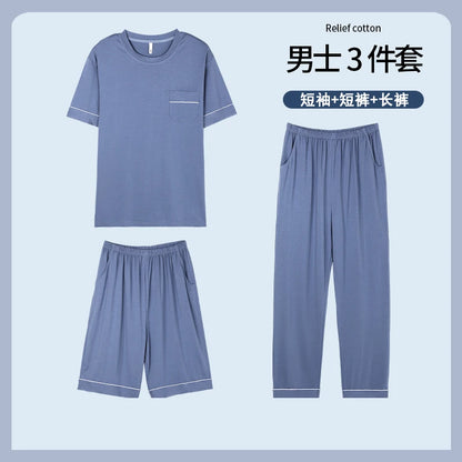 Plus Size L-5XL Modal Men's Pijamas Set Summer Soft Nightwear 3 Pieces Set Pajamas Short Sleep Tops & Shorts & Long Pant Hombre