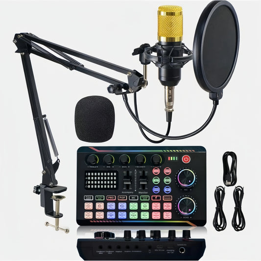 Kondensatormikrofonset med ljudkort, justerbar arm och popfilter