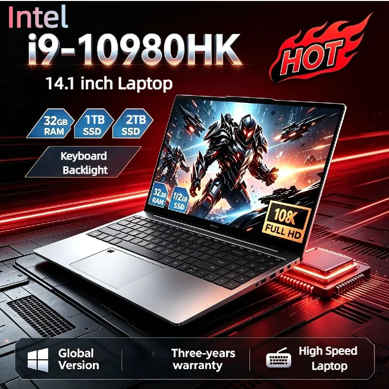 2026 New Ultra Slim 14.1 Inch Laptop Intel Core i9 10980HK 32GB RAM 2TB SSD Windows 11 1080P FHD Gaming Office Study Notebook PC