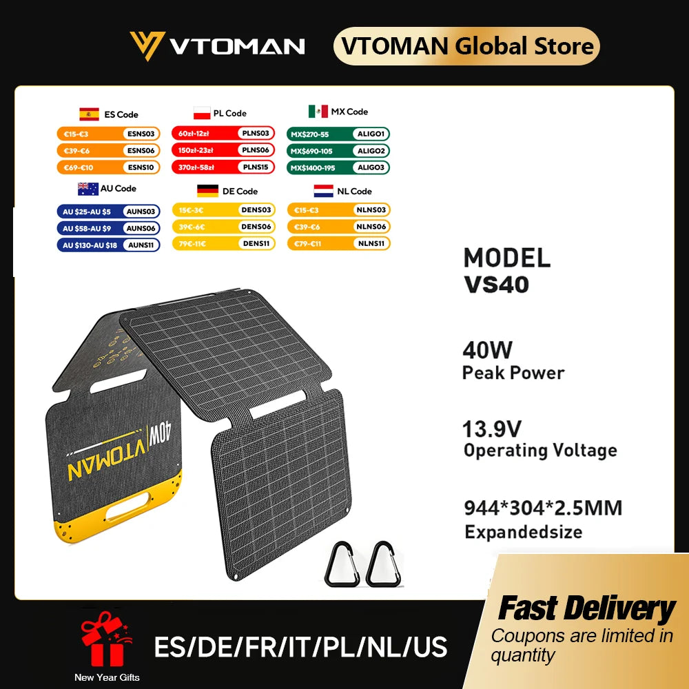 VTOMAN VS40 Hopfällbar Solpanel 40W – IP67, USB-C PD30W & USB-A, 25% Verkningsgrad, Camping
