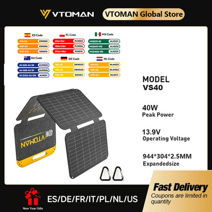 VTOMAN VS40 Hopfällbar Solpanel 40W – IP67, USB-C PD30W & USB-A, 25% Verkningsgrad, Camping