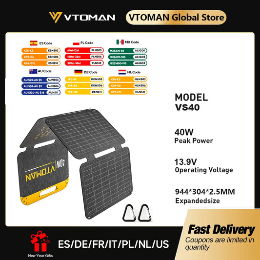 VTOMAN VS40 Hopfällbar Solpanel 40W – IP67, USB-C PD30W & USB-A, 25% Verkningsgrad, Camping