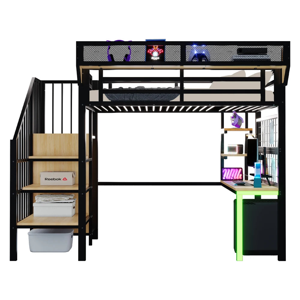 90×200cm & 140*200cm Metal High Bed, with Desk, Shelf and Storage Net, Complete with Safety Ladder, LED Lighting and Socket