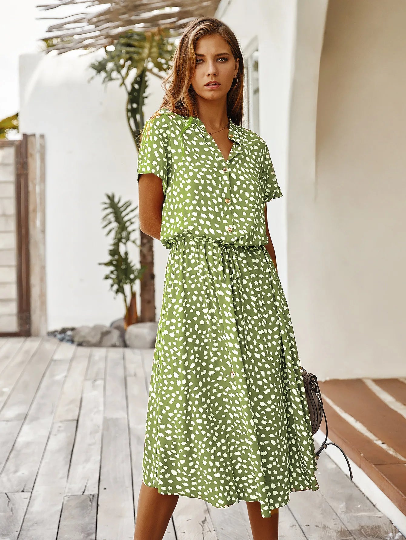 Vintage Blommig Boho Skjortklänning – Kortärmad, Lång, Nedvikt Krage, Skärp, 6 Färger, S–XL