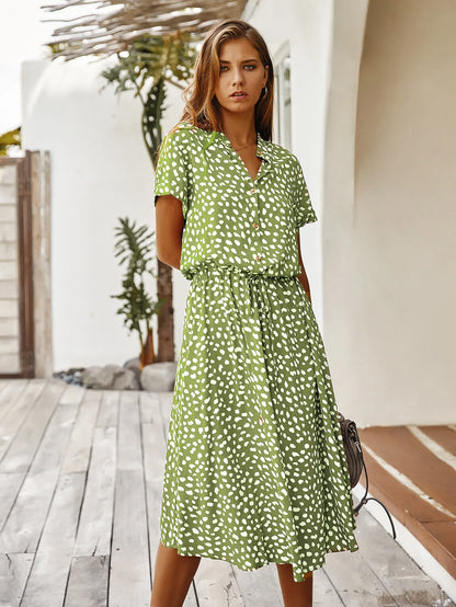 Vintage Blommig Boho Skjortklänning – Kortärmad, Lång, Nedvikt Krage, Skärp, 6 Färger, S–XL