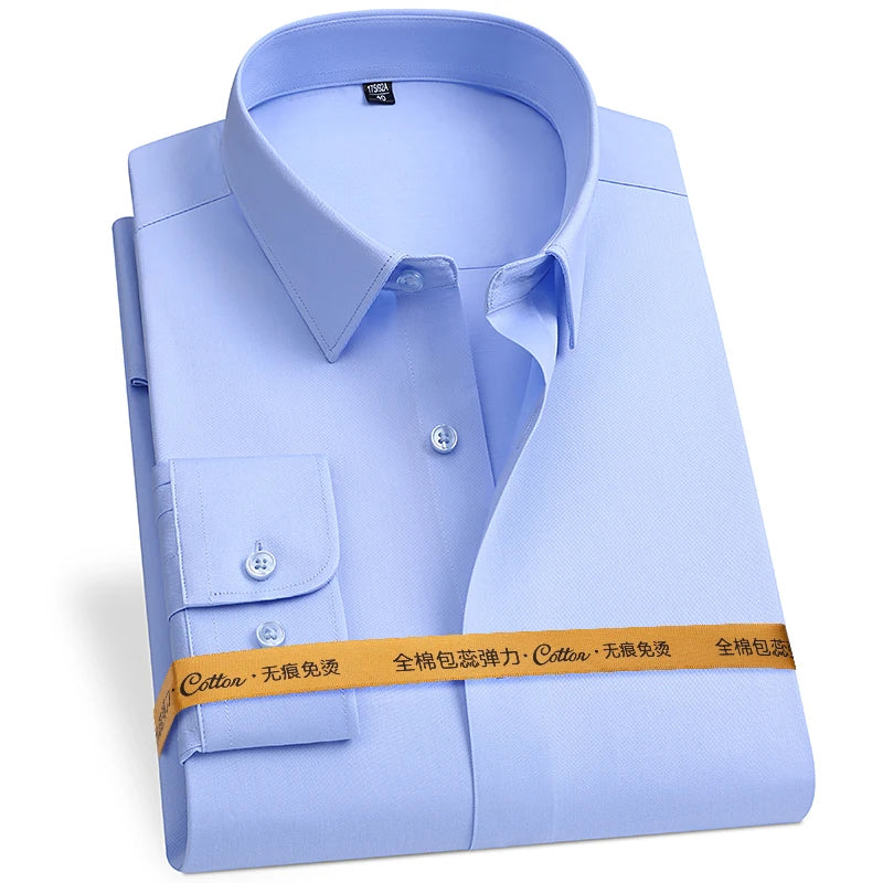 8XL Anti-Wrinkle 80% Cotton 15% Elastic Silk 5% Spandex No-Iron Business Office Soft Cozy Micro Elastic Long-sleeved Shirts Men