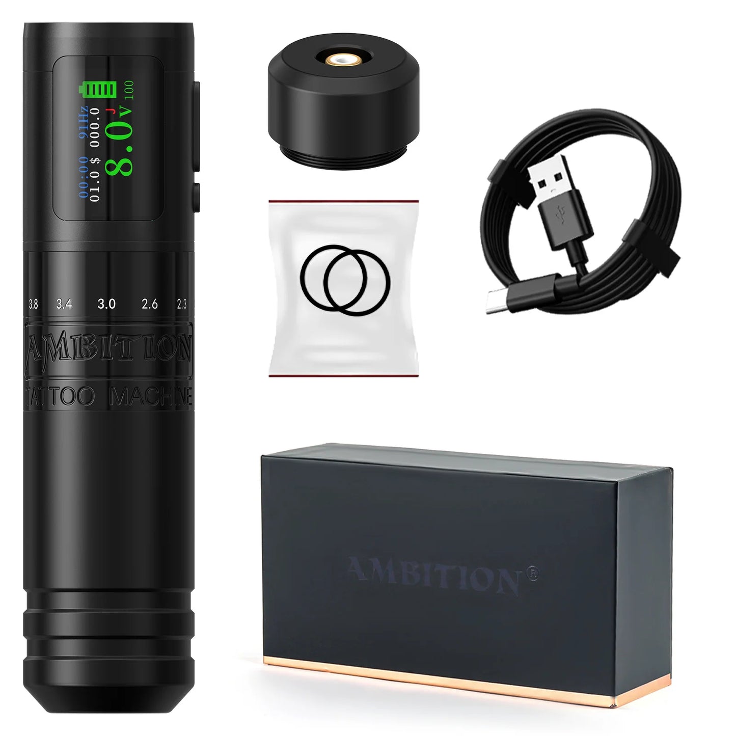 Ambition C1 Adjustable 7 Strokes 2.0-4.2mm Wireless Tattoo Machine Coreless Motor Billing Battery 1900mAh For Tattoo Body Artist