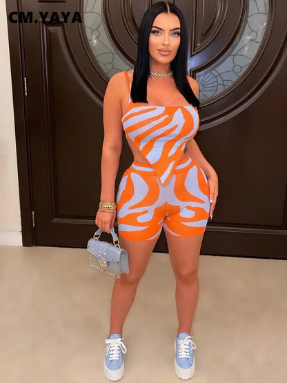 CM.YAYA Zebra Women's Set Spaghetti Strap Crop Top and Shorts Suit 2023 Summer Fashion Chic Two 2 Piece Set Outfits Tracksuit