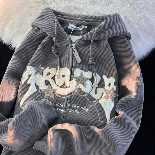 Dam Broderi Zip-Up Hoodie 2026 – Harajuku Y2K Lös Luvtröja Höst/Vinter Casual | S–XXL