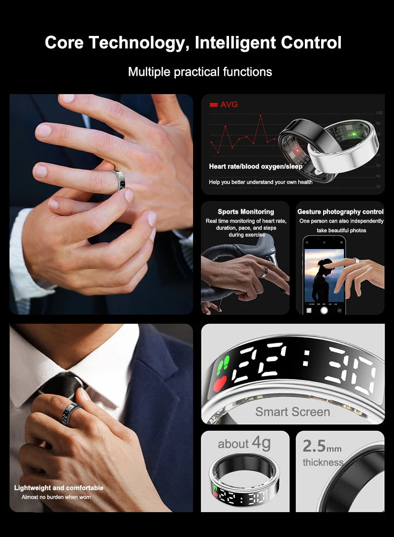 Smart Ring For Men Women Heart Rate Blood Oxygen Monitor Multi 5ATM & IP68 Waterproof Sports Ring Sleep Fitness For Android IOS