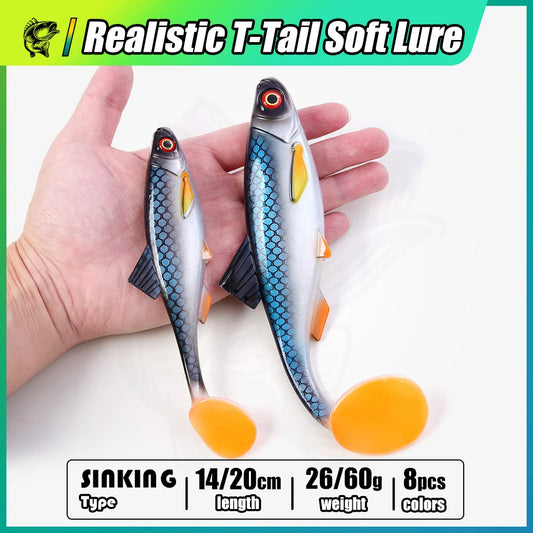 1pcs 26g 60g River Roach Fishing Lure Soft Bait T Paddle Tail Baitfish Shad Strike Silicone Plastic Swimbait Wobbler Pike Bass