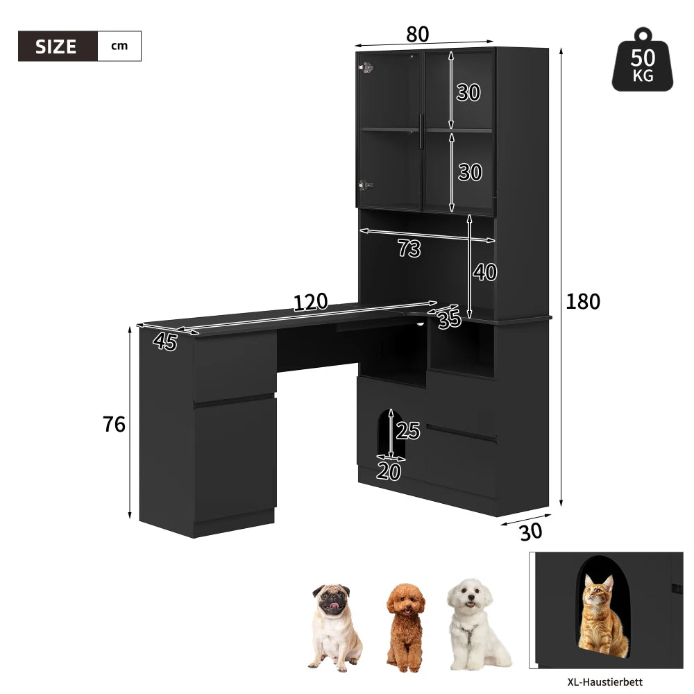 Corner Desk with Shelf and LED Display Cabinet, Desk with Cable Outlet, 3 Drawers, 2 Doors, Open Compartments, Built-in Bookcase