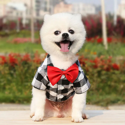Pet Dog Clothes Plaid Shirt Suit Tie Gown Spring Summer Puppy Coat Teddy Bear Pomeranian Vest Small-Medium Dog Cat Pet Costume