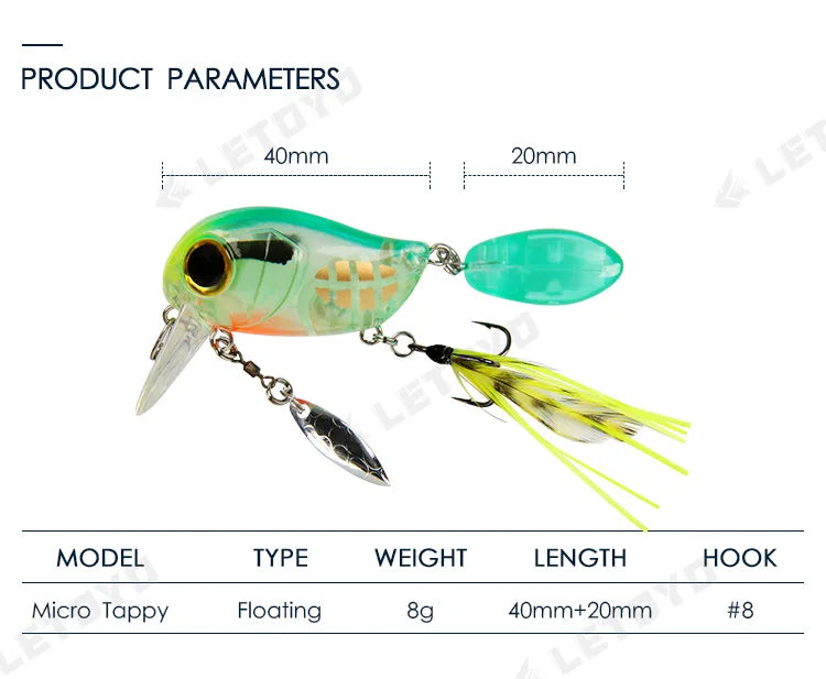 Micro Tappy Fishing Lures Artificial Hard Baits Crank Wobblers Tongue Plate Spinning Spoon with Feather Rotates Trout fish Bait