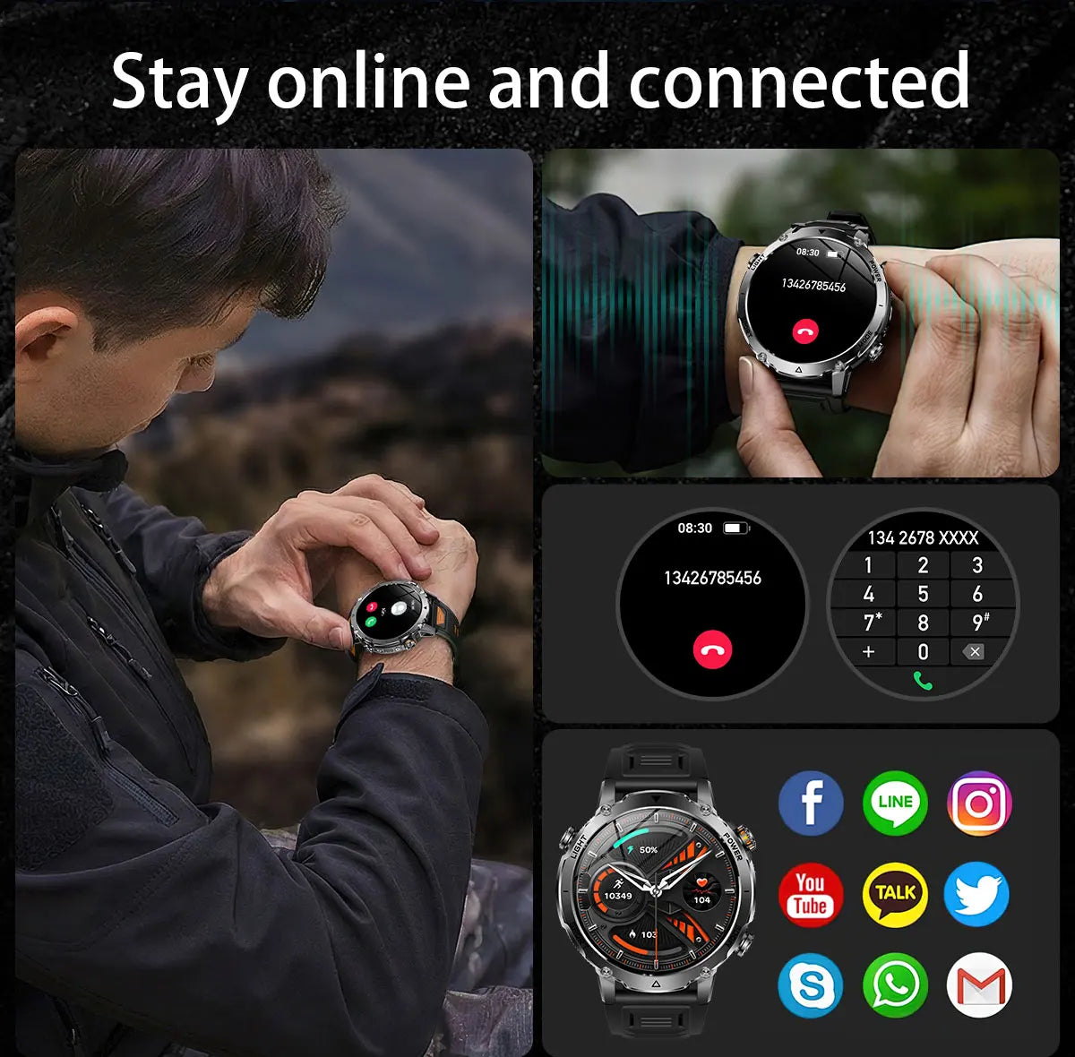 New 1400 mAh Battery Military Smartwatch Men IP68 Waterproof Flashlight Health Monitor Sports Call Smart Watch For iOS Android