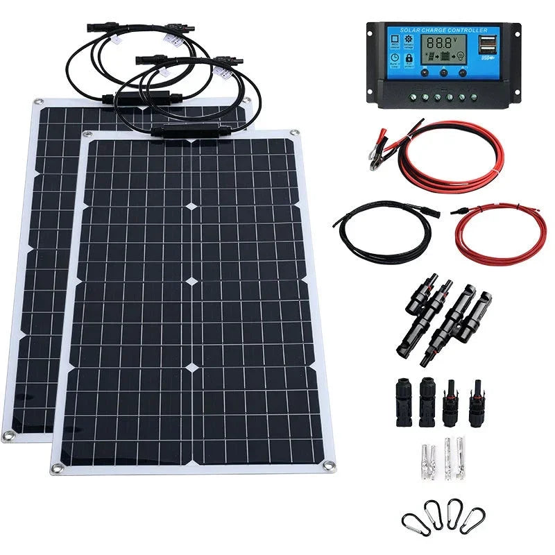 Solsystem-kit – 12V till 110V/220V, Inverter + 100A Regulator + Solpaneler, Hem/Stuga/Husbil/Camping, Svart/Gul