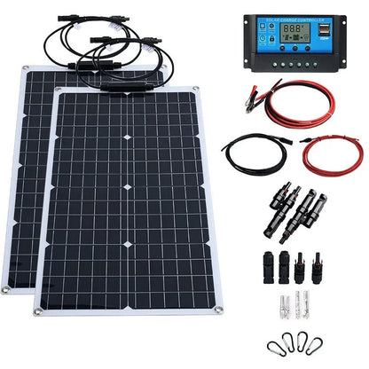 Solsystem-kit – 12V till 110V/220V, Inverter + 100A Regulator + Solpaneler, Hem/Stuga/Husbil/Camping, Svart/Gul