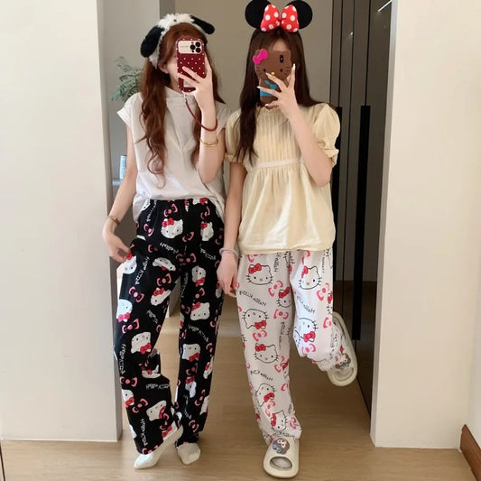 Hello Kitty Pyjamasbyxor – Lösa Sommarbyxor Y2K Cartoon, för Tjejer & Par