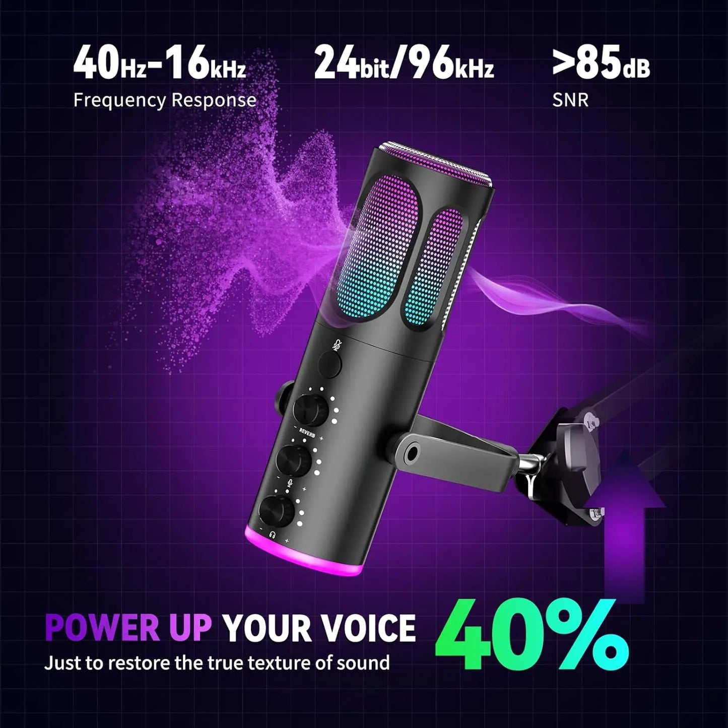 PUPGSIS Gaming USB Microphone, Noise Cancellation Condenser Mic with Mute, Gain, RGB Lights, Boom Arm Stand for Streaming, PC