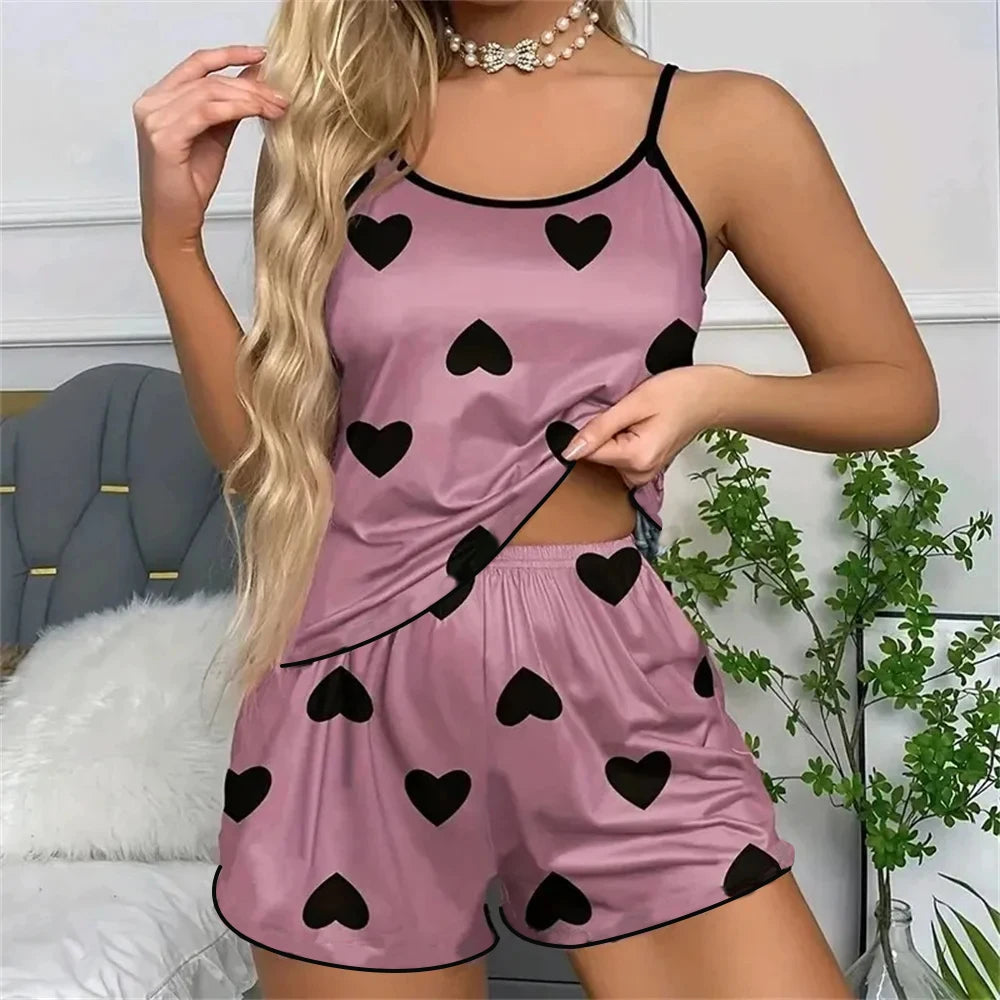 Pyjamasset dam med hjärttryck – överdel och shorts, M–XL