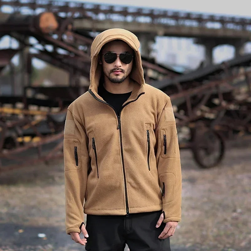 Herr Militär Fleecejacka med Huva – Varm Taktisk Jacka för Vandring och Friluftsliv, S–4XL