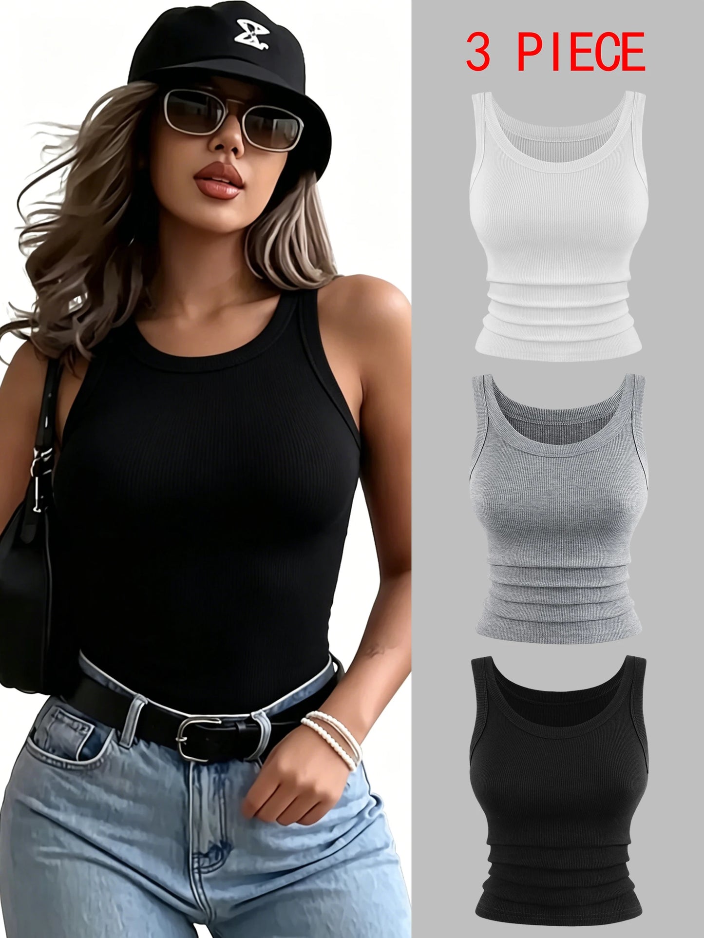 3PCS Y2K Ribbed Cotton Tank Tops Womens Summer Slim O-Neck Sleeveless Casual Soft Breathable Vest Sporty Wear Daily Undershirt