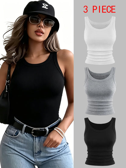3PCS Y2K Ribbed Cotton Tank Tops Womens Summer Slim O-Neck Sleeveless Casual Soft Breathable Vest Sporty Wear Daily Undershirt