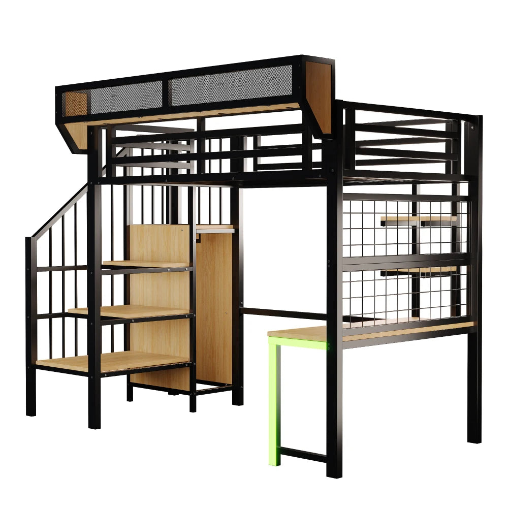 90×200cm & 140*200cm Metal High Bed, with Desk, Shelf and Storage Net, Complete with Safety Ladder, LED Lighting and Socket