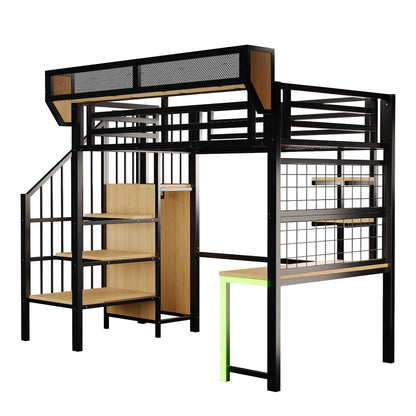 90×200cm & 140*200cm Metal High Bed, with Desk, Shelf and Storage Net, Complete with Safety Ladder, LED Lighting and Socket