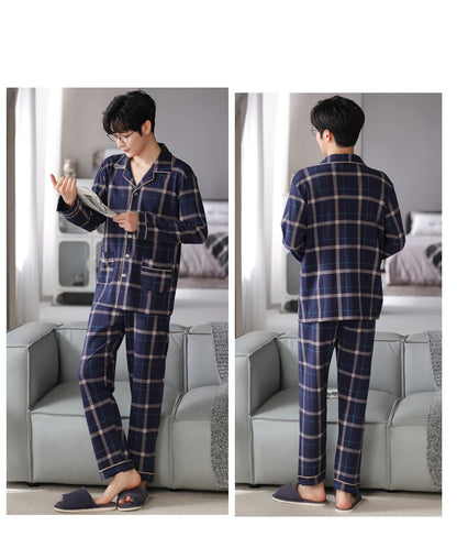 MiiOW Herr Pyjamas Set Vinter – Bomull Långärmad Rutig Grå Krage Plus Size, 8 Färger M–XXXL