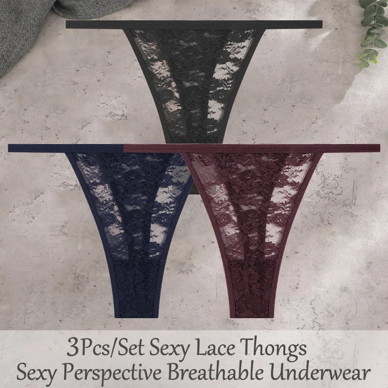 3Pcs/Set Sexy Lace Floral Panties For Women Solid Color Transparent Underwear Female Lace Perspective Hollow Out G-string Thongs