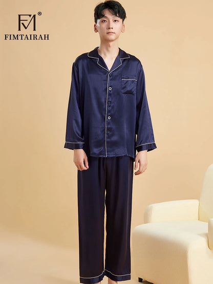 Fimtairah Real 19MM 100% Mulberry Silk Pajamas Men's Autumn  Hangzhou Solid Color heavy Silk Home Wear Men's