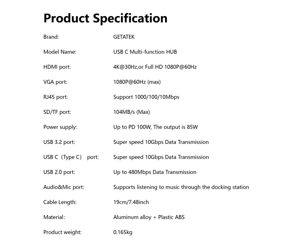 Getatek 13-i-1 USB-C-hubb med HDMI, VGA, RJ45 och kortläsare