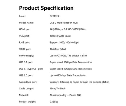 Getatek 13-i-1 USB-C-hubb med HDMI, VGA, RJ45 och kortläsare