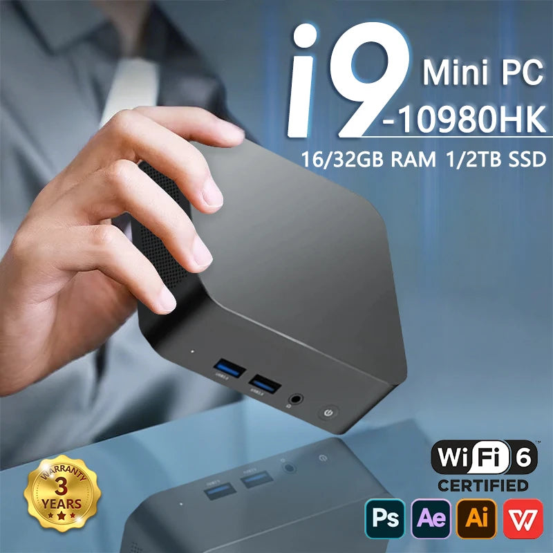 New Portable I9 Mini Computer Windows 11 I9 10980HK 16GB 1TB Gaming Office Computer Dual Band WiFi 6-Core Mini Desktop Computer