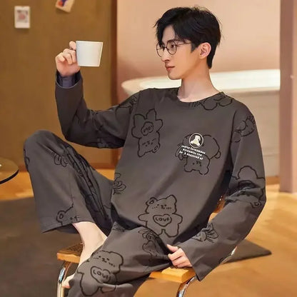 Herr Pyjamas Set Vår & Höst – Långärmad O-ringning & Rutiga Byxor Tunn, 5 Färger L–4XL