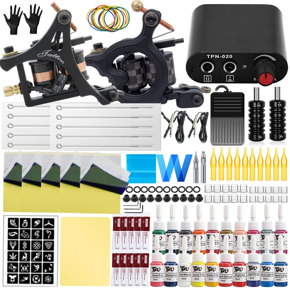 Coils Tattoo Machine Kit Power Supply with Tattoo Needles Ink Accessories Set for Tattoo Body Art Tool Permanent Makeup Kit